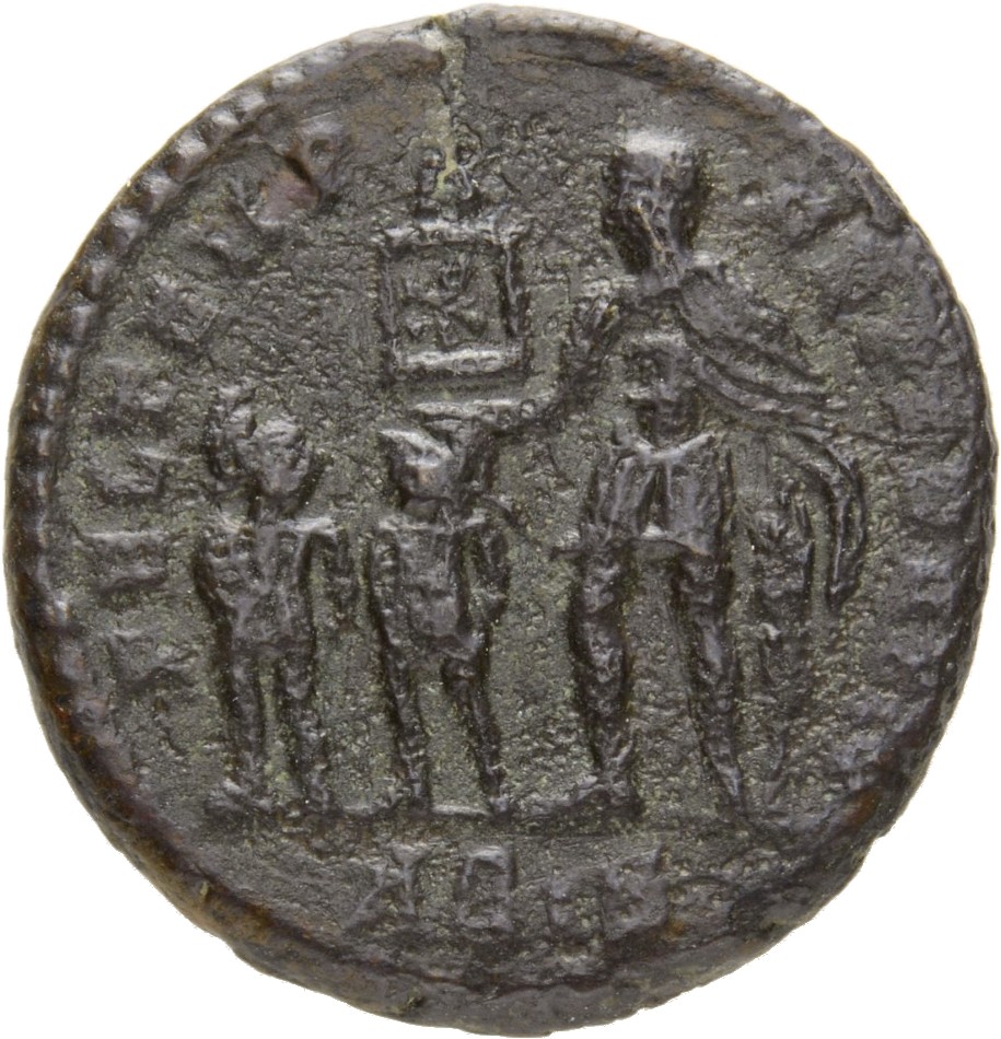 RIC VIII Siscia 224 Constans reverse, Constans, draped, cuirassed, standing left, holding standard with Chi-Rho on banner ...