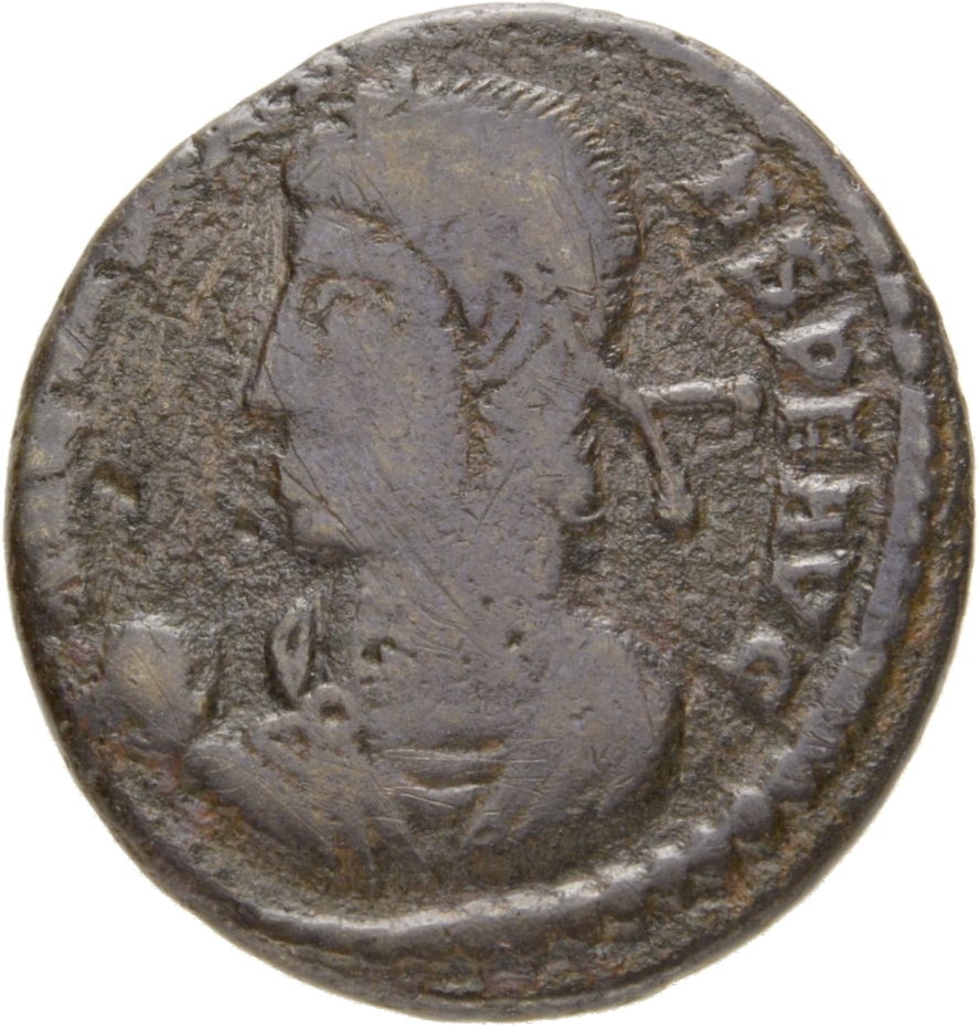 RIC VIII Siscia 224 Constans obverse, Bust of Constans, pearl-diademed, draped, cuirassed, left, holding globe in right hand