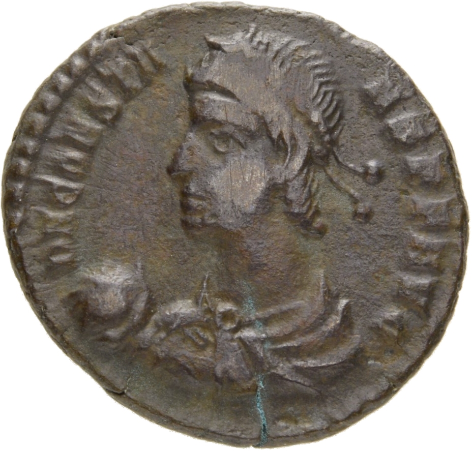 RIC VIII Siscia 224 Constans obverse — Bust of Constans, pearl-diademed, draped, cuirassed, left, holding globe in right hand