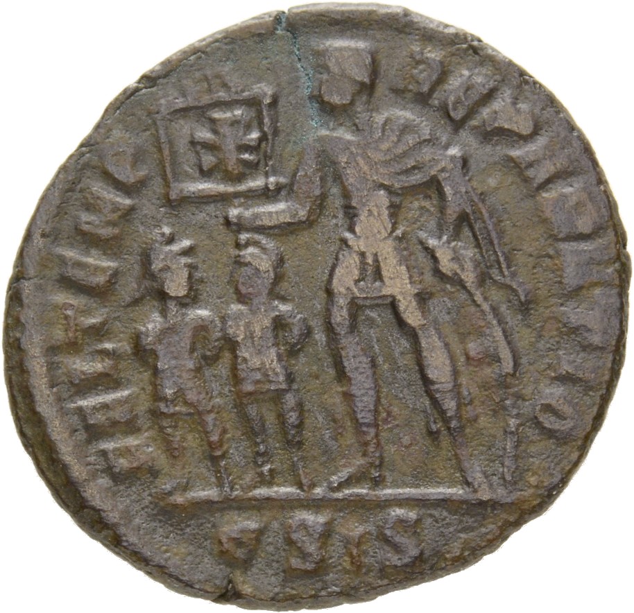 RIC VIII Siscia 224 Constans reverse — Constans, draped, cuirassed, standing left, holding standard with Chi-Rho on banner...