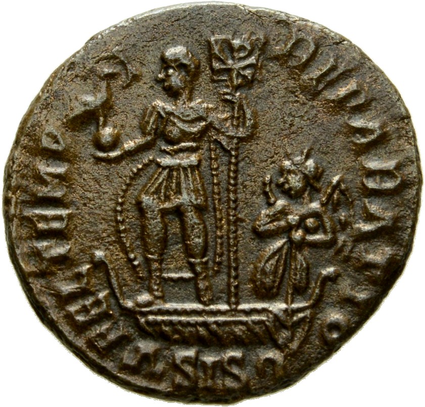 RIC VIII Siscia 238 Constans reverse, Constans, draped, cuirassed, standing left on galley, holding phoenix on globe in ri...