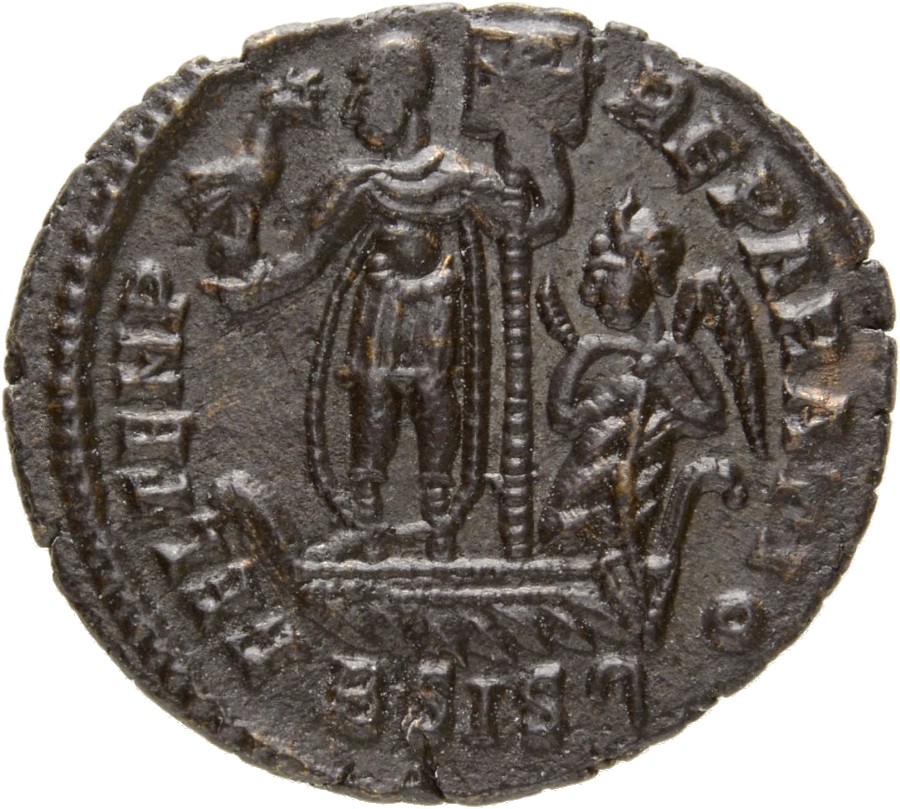 RIC VIII Siscia 238 Constans reverse, Constans, draped, cuirassed, standing left on galley, holding phoenix on globe in ri...