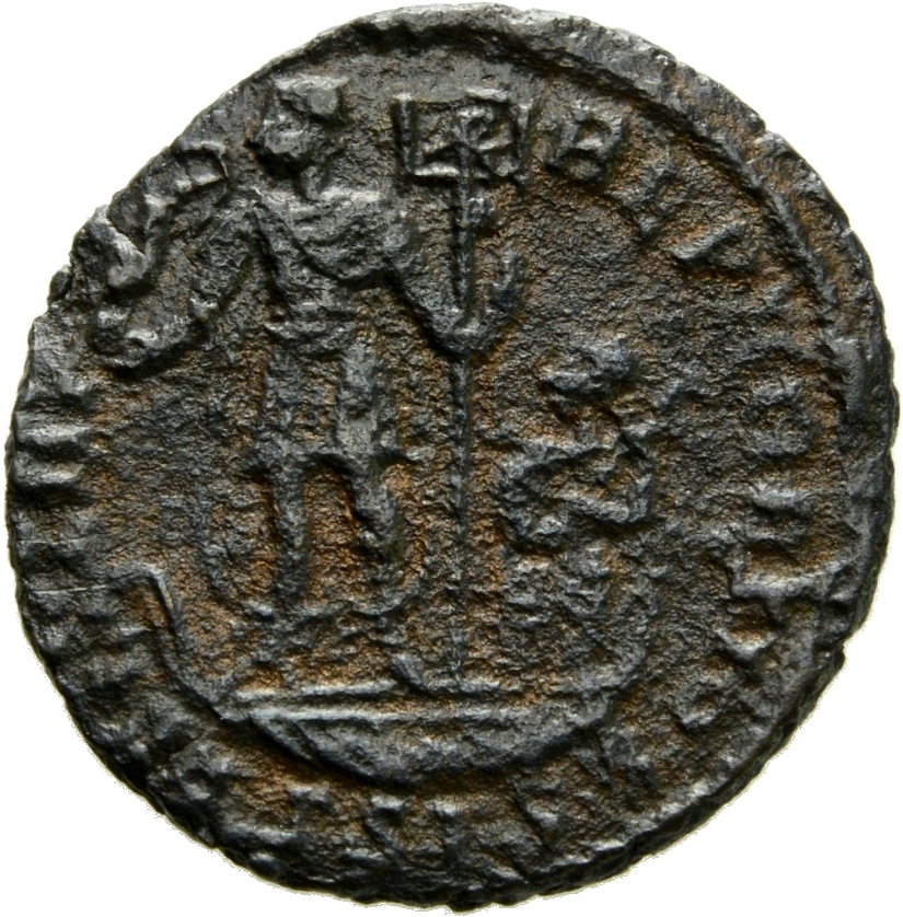 RIC VIII Siscia 244 Constans reverse, Constans, draped, cuirassed, standing left on galley, holding phoenix on globe in ri...