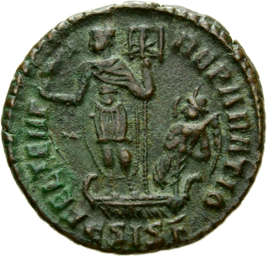 RIC VIII Siscia 244 Constans reverse, Constans, draped, cuirassed, standing left on galley, holding phoenix on globe in ri...
