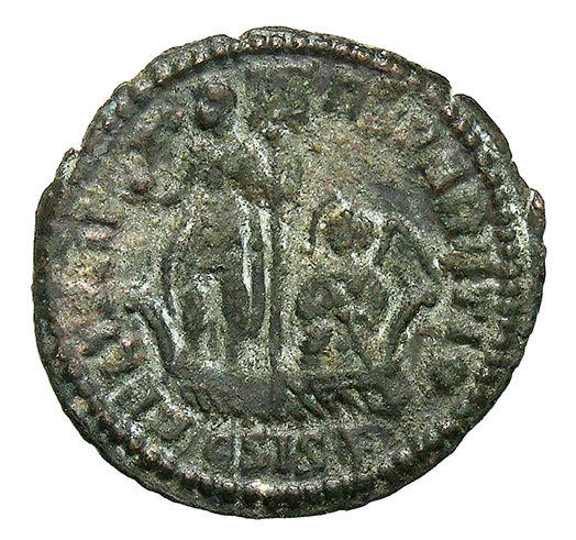 RIC VIII Siscia 245 Constans reverse, Constans, draped, cuirassed, standing left on galley, holding phoenix on globe in ri...