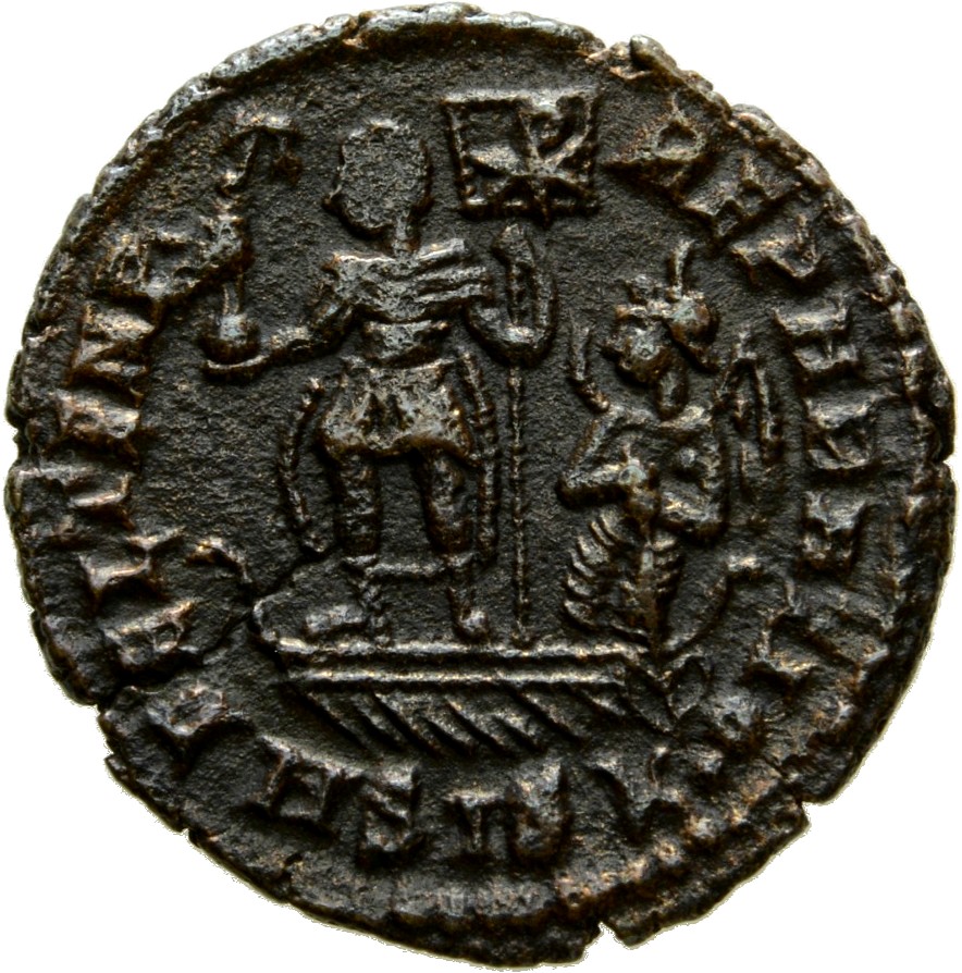RIC VIII Siscia 246 Constans reverse, Constans, draped, cuirassed, standing left on galley, holding phoenix on globe in ri...