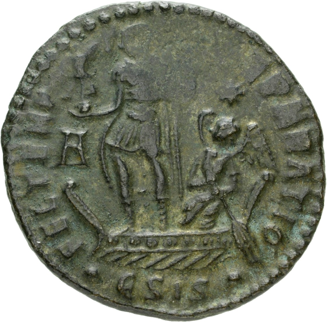 RIC VIII Siscia 252 Constans reverse, Constans, draped, cuirassed, standing left on galley, holding Victory with wreath an...