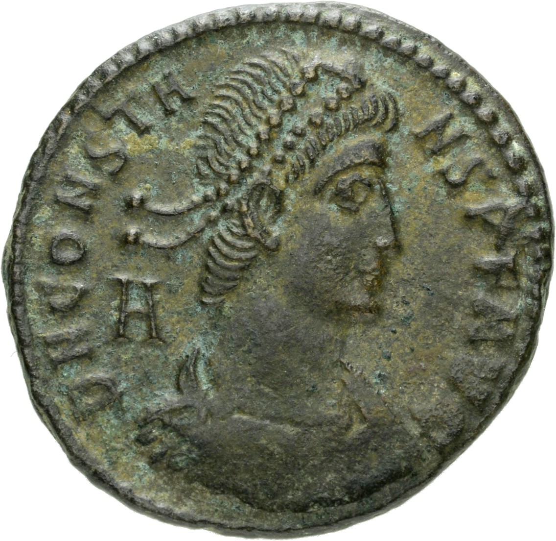 RIC VIII Siscia 252 Constans obverse, Bust of Constans, pearl-diademed, draped, cuirassed, right; A behind bust