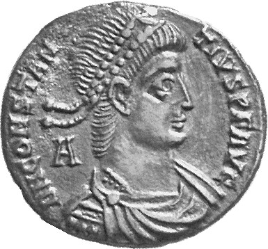 RIC VIII Siscia 255 Constans obverse, Bust of Constantius II, pearl-diademed, draped, cuirassed, right; A behind bust