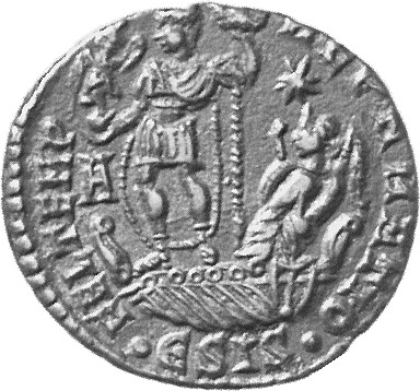 RIC VIII Siscia 255 Constans reverse, Constantius II, draped, cuirassed, standing left on galley, holding Victory with wre...