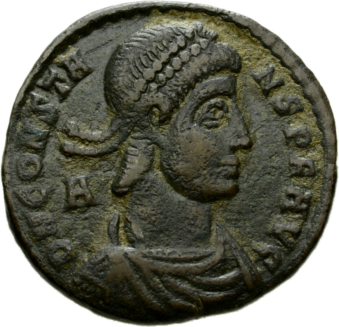 RIC VIII Siscia 258 Constans obverse, Bust of Constans, pearl-diademed, draped, cuirassed, right; A behind bust