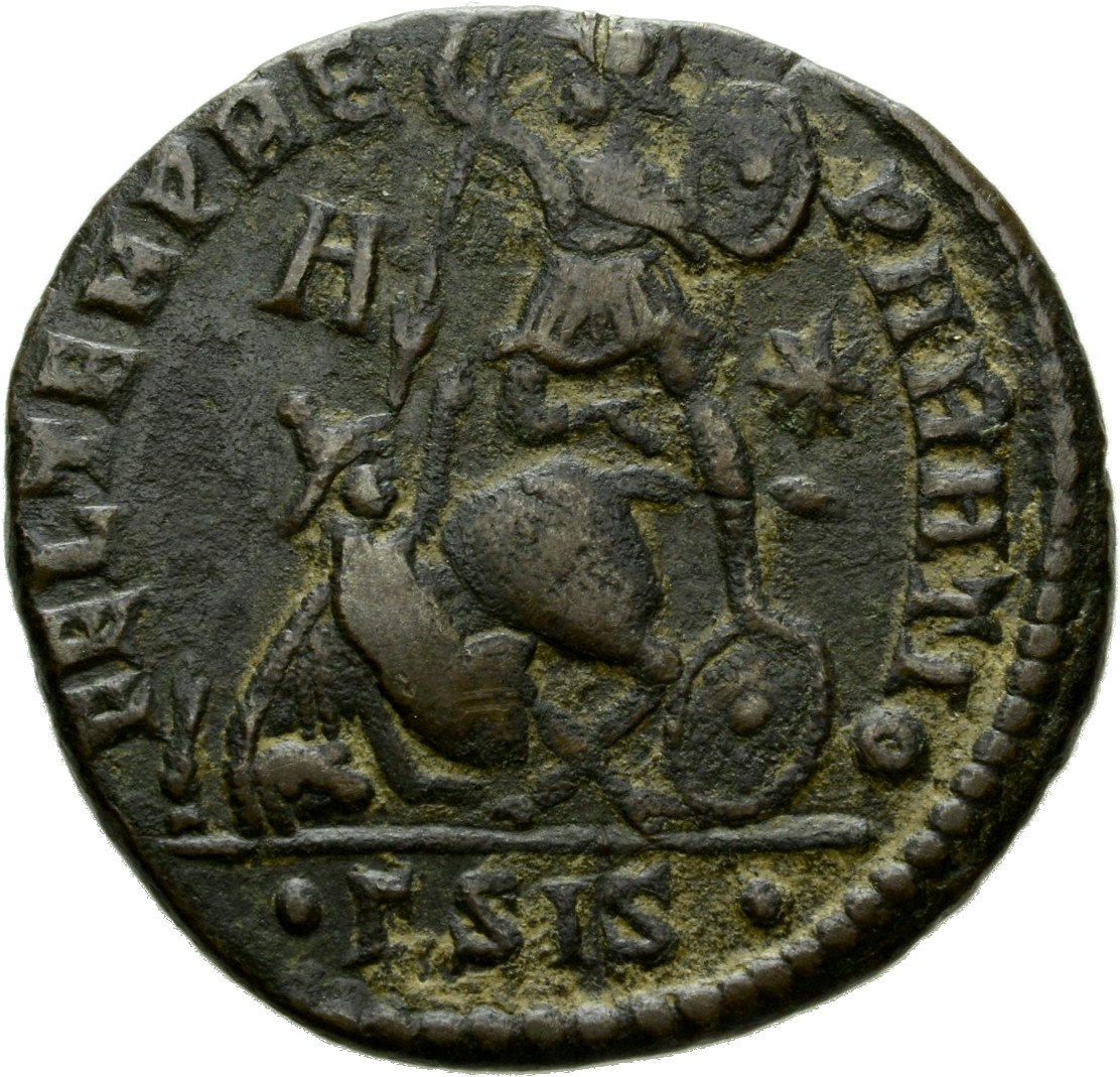 RIC VIII Siscia 258 Constans reverse, Soldier, helmeted, draped, cuirassed, advancing left, spearing fallen horseman with ...