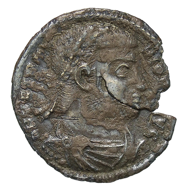 RIC VIII Siscia 261 Constantius II obverse, Bust of Vetranio, laureate, draped, cuirassed, right