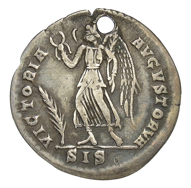 RIC VIII Siscia 262 Constantius II reverse, Victory, winged, draped, walking left, holding wreath in right hand and palm i...