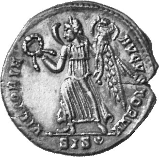 RIC VIII Siscia 265 Constantius II reverse, Victory, winged, draped, walking left, holding wreath in right hand and trophy...