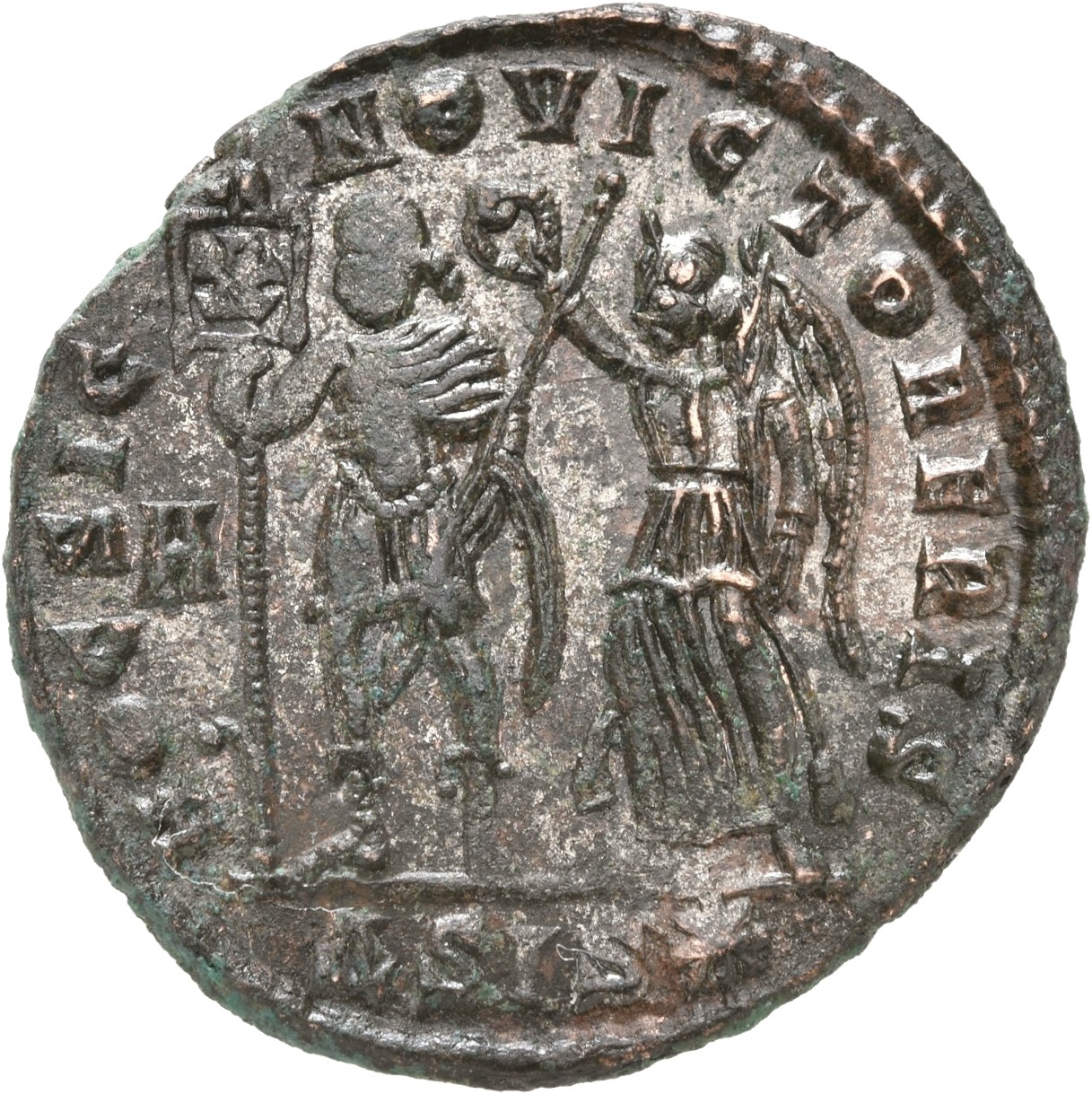 RIC VIII Siscia 272 Constantius II reverse, Constantius II, diademed, draped, cuirassed, standing front, head left, holdin...