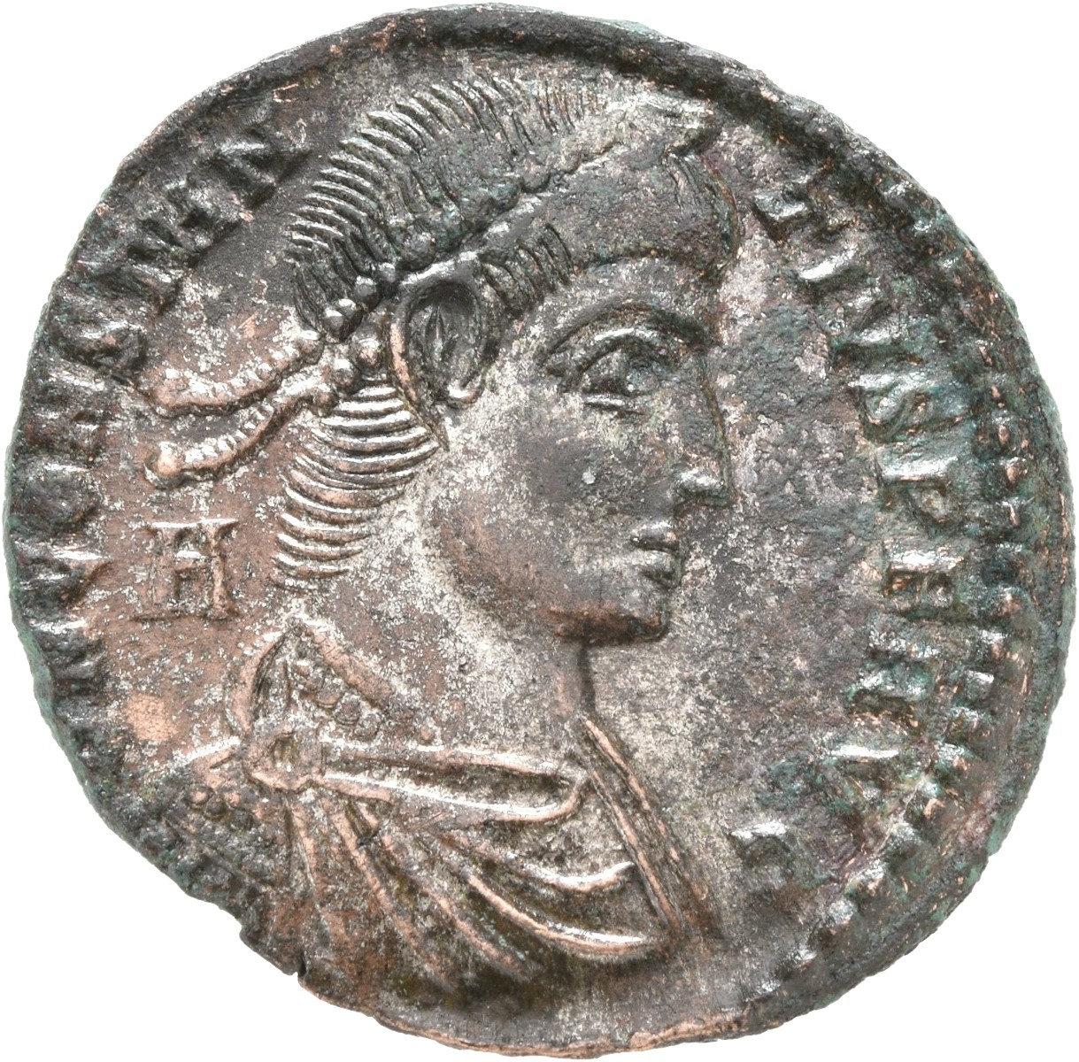 RIC VIII Siscia 272 Constantius II obverse, Bust of Constantius II, pearl-diademed, draped, cuirassed, right; A behind bust