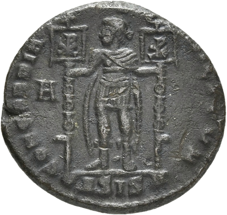 RIC VIII Siscia 274 Constantius II reverse, Vetranio, diademed, draped, cuirassed, standing front, head left, holding stan...