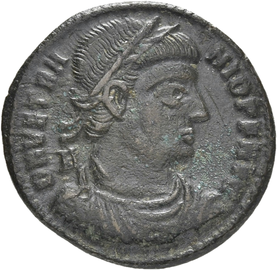RIC VIII Siscia 277 Constantius II obverse, Bust of Vetranio, laureate, draped, cuirassed, right; A behind bust