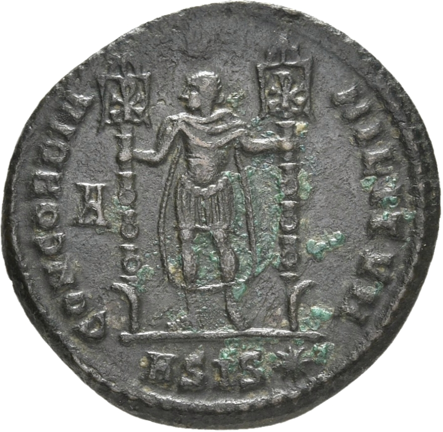 RIC VIII Siscia 277 Constantius II reverse, Vetranio, diademed, draped, cuirassed, standing front, head left, holding stan...