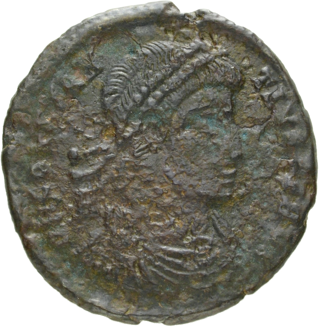RIC VIII Siscia 280 Constantius II obverse, Bust of Constantius II, pearl-diademed, draped, cuirassed, right; A behind bust