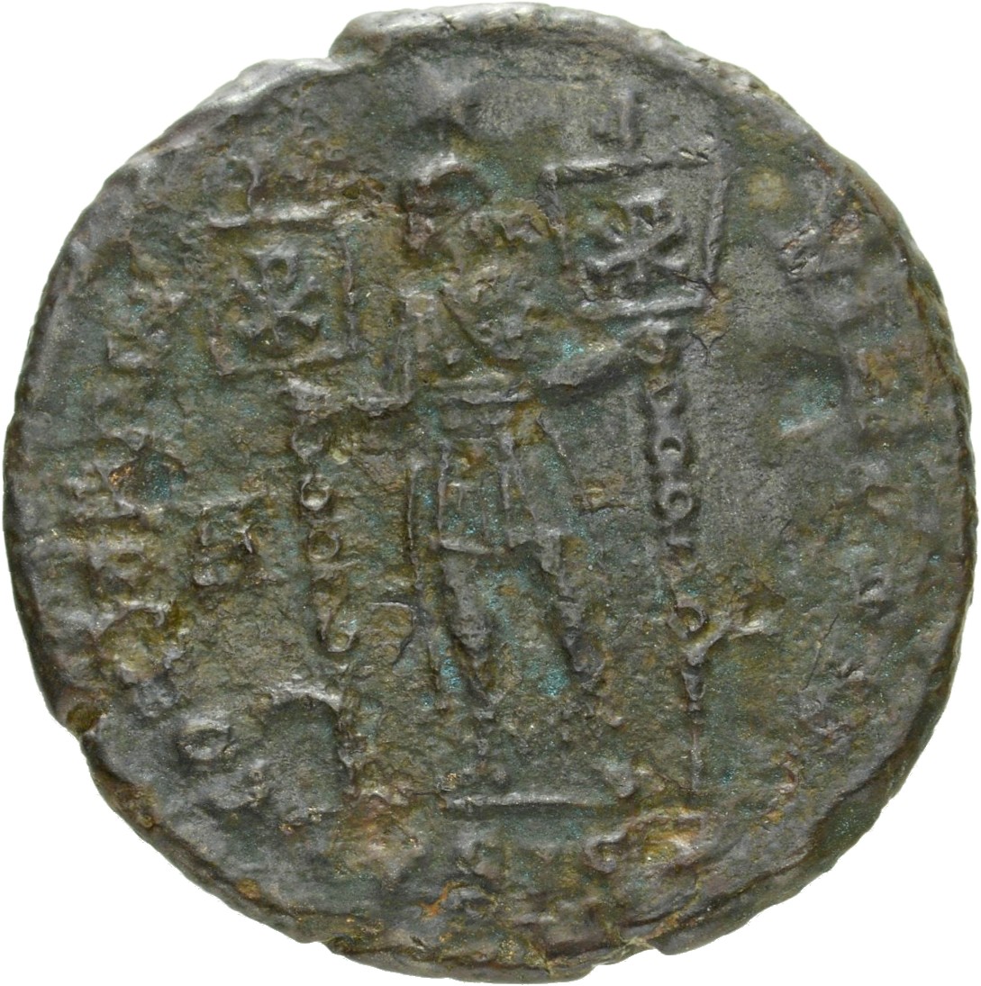 RIC VIII Siscia 280 Constantius II reverse, Constantius II, diademed, draped, cuirassed, standing front, head left, holdin...