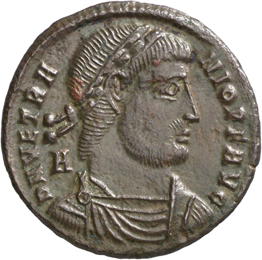 RIC VIII Siscia 281 Constantius II obverse, Bust of Vetranio, laureate, draped, cuirassed, right; A behind bust