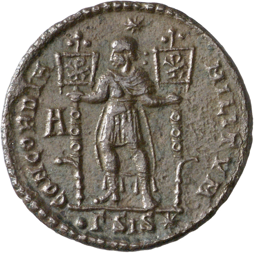RIC VIII Siscia 281 Constantius II reverse, Vetranio, diademed, draped, cuirassed, standing front, head left, holding stan...