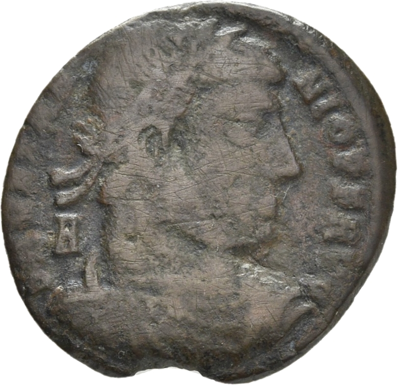 RIC VIII Siscia 281 Constantius II obverse, Bust of Vetranio, laureate, draped, cuirassed, right; A behind bust