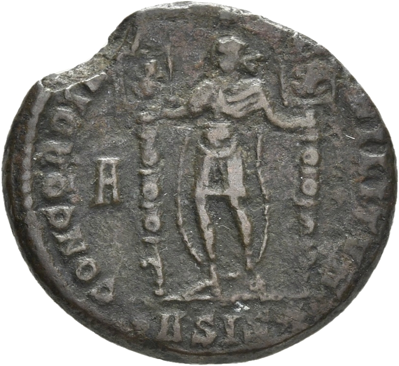 RIC VIII Siscia 281 Constantius II reverse, Vetranio, diademed, draped, cuirassed, standing front, head left, holding stan...