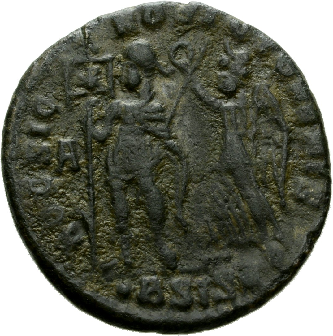 RIC VIII Siscia 283 Constantius II reverse, Vetranio, diademed, draped, cuirassed, standing front, head left, holding stan...