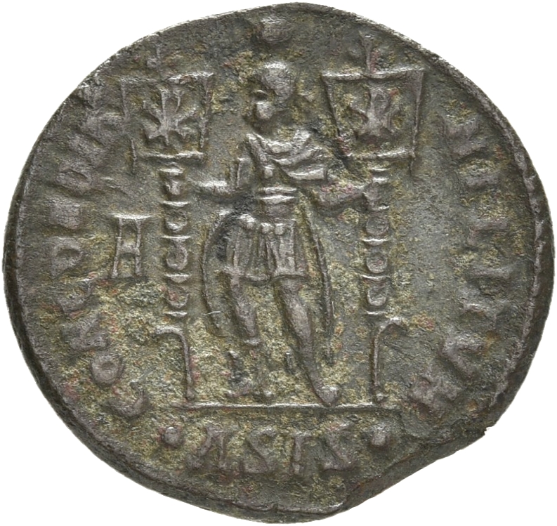 RIC VIII Siscia 285 Constantius II reverse, Vetranio, diademed, draped, cuirassed, standing front, head left, holding stan...