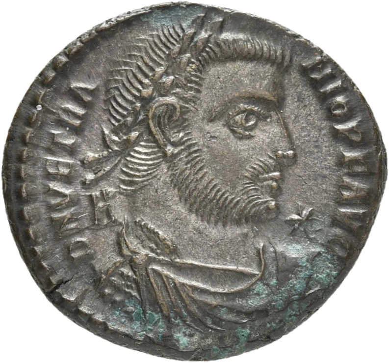 RIC VIII Siscia 285 Constantius II obverse, Bust of Vetranio, laureate, draped, cuirassed, right; A behind bust; star in f...