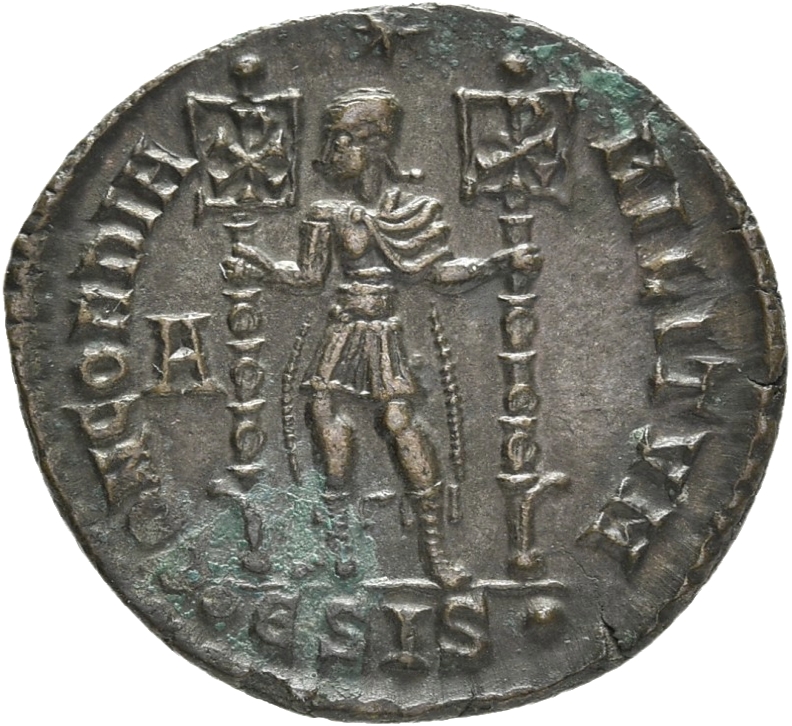 RIC VIII Siscia 285 Constantius II reverse — Vetranio, diademed, draped, cuirassed, standing front, head left, holding sta...