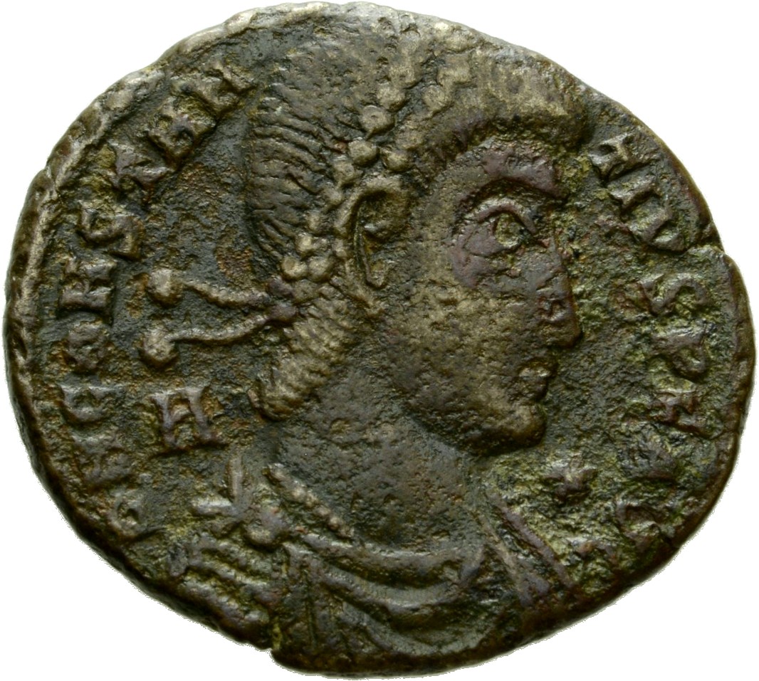 RIC VIII Siscia 286 Constantius II obverse, Bust of Constantius II, pearl-diademed, draped, cuirassed, right; A behind bus...