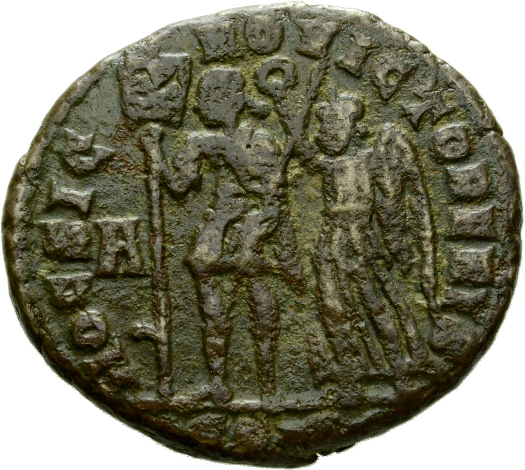 RIC VIII Siscia 286 Constantius II reverse, Constantius II, diademed, draped, cuirassed, standing front, head left, holdin...