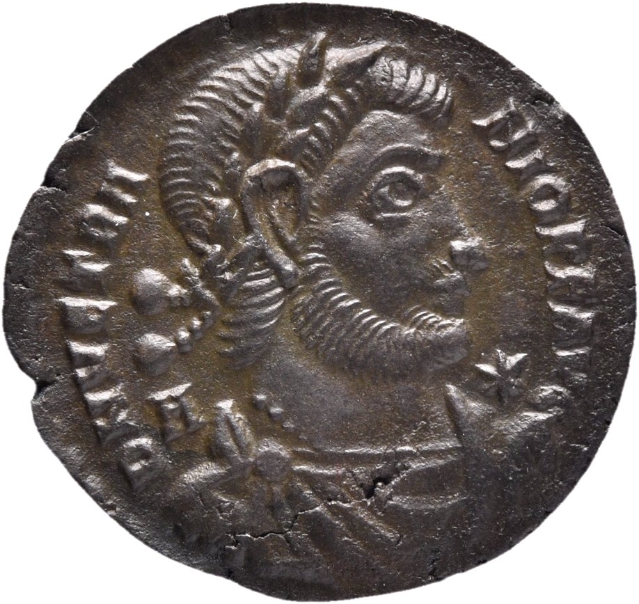 RIC VIII Siscia 287 Constantius II obverse, Bust of Vetranio, laureate, draped, cuirassed, right; A behind bust; star in f...