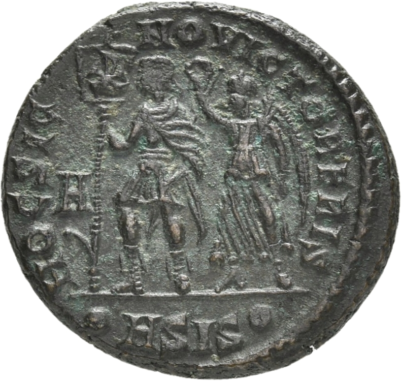 RIC VIII Siscia 287 Constantius II reverse, Vetranio, diademed, draped, cuirassed, standing front, head left, holding stan...