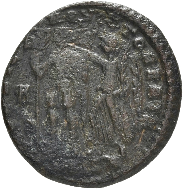 RIC VIII Siscia 287 Constantius II reverse — Vetranio, diademed, draped, cuirassed, standing front, head left, holding sta...