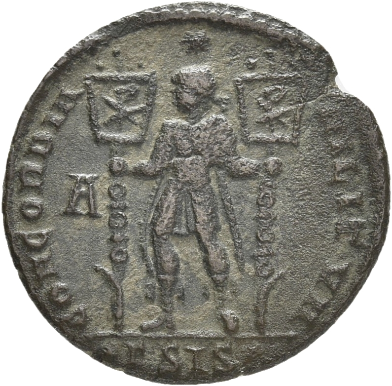 RIC VIII Siscia 290 Constantius II reverse, Vetranio, diademed, draped, cuirassed, standing front, head left, holding stan...