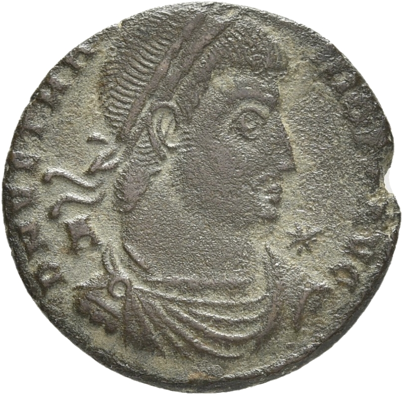 RIC VIII Siscia 290 Constantius II obverse, Bust of Vetranio, laureate, draped, cuirassed, right; A behind bust; star in f...