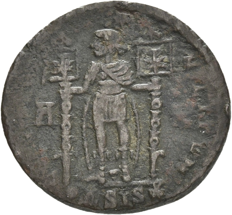 RIC VIII Siscia 290 Constantius II reverse — Vetranio, diademed, draped, cuirassed, standing front, head left, holding sta...