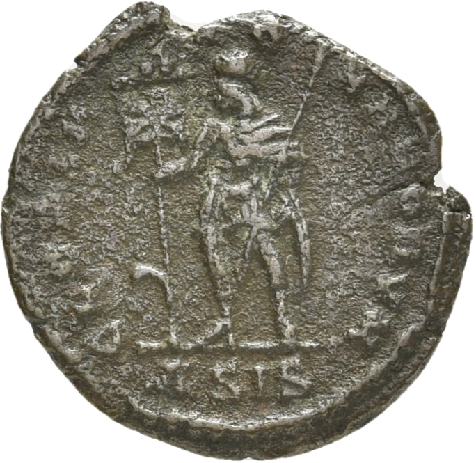 RIC VIII Siscia 294 Constantius II reverse, Vetranio, draped, cuirassed, standing front, head left, holding standard with ...