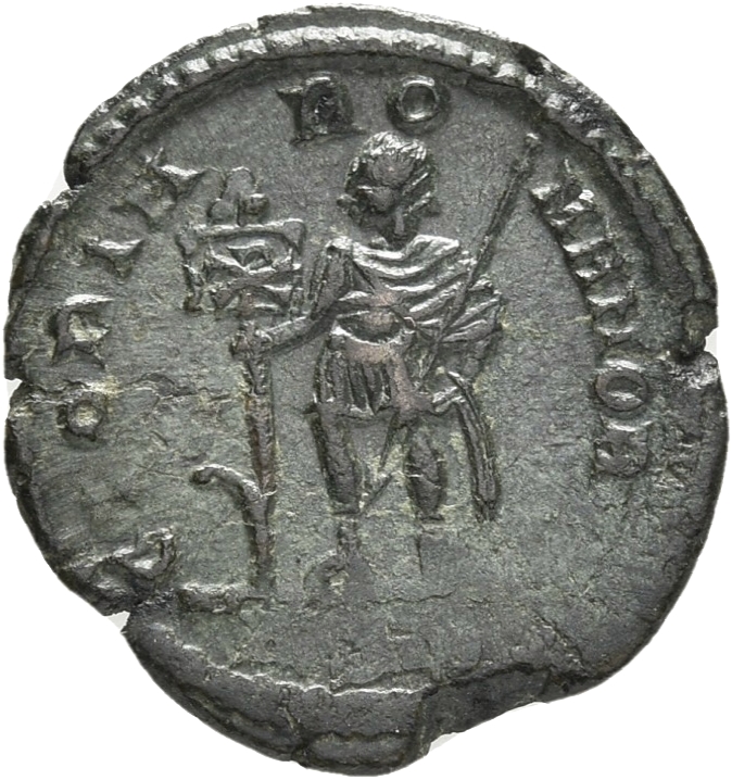 RIC VIII Siscia 294 Constantius II reverse, Vetranio, draped, cuirassed, standing front, head left, holding standard with ...