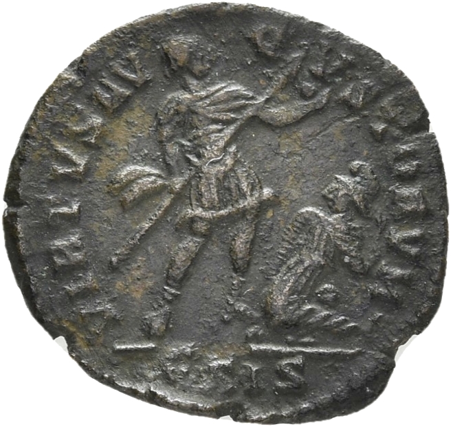 RIC VIII Siscia 296 Constantius II reverse, Vetranio, draped, cuirassed, standing right, holding spear in right hand and g...