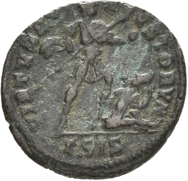 RIC VIII Siscia 296 Constantius II reverse, Vetranio, draped, cuirassed, standing right, holding spear in right hand and g...