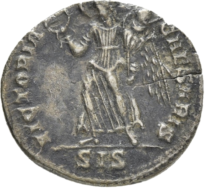 RIC VIII Siscia 299 Constantius II reverse, Victory, winged, draped, walking left, holding palm in right hand and trophy i...