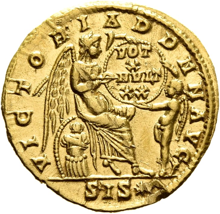 RIC VIII Siscia 30 Constantine II reverse, Victory, winged, draped, seated right on cuirass and shield, supporting a shiel...