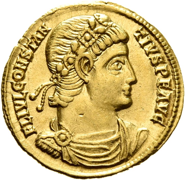 RIC VIII Siscia 30 Constantine II obverse, Bust of Constantius II, laureate, rosette-diademed, draped, cuirassed, right