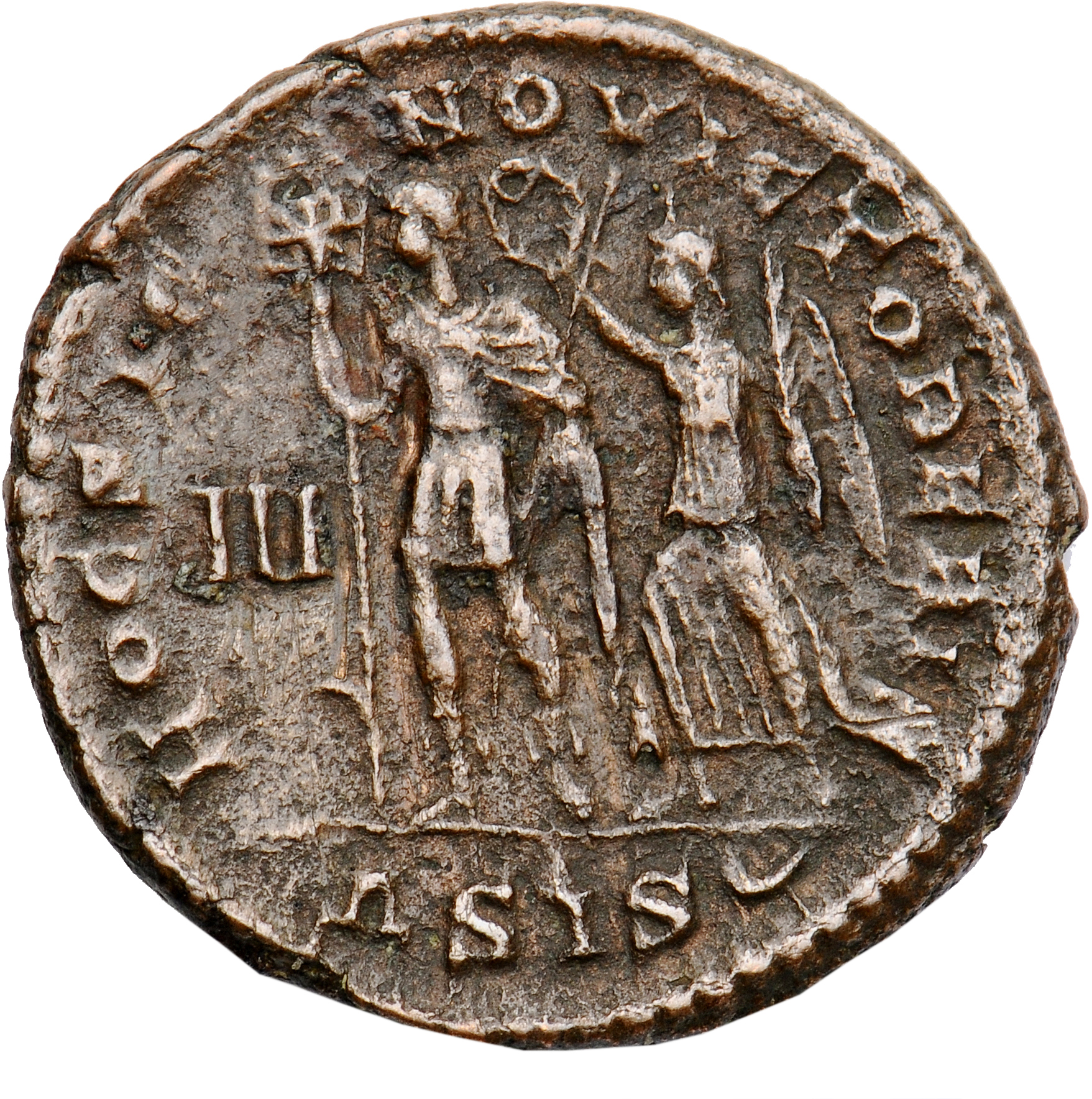RIC VIII Siscia 304 Constantius II reverse, Constantius II, diademed, draped, cuirassed, standing front, head left, holdin...